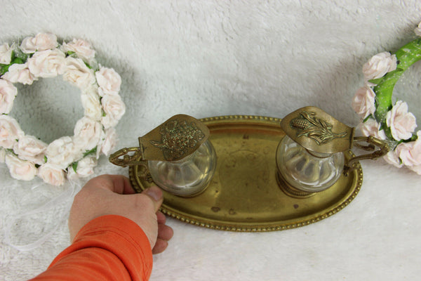 Antique Church altar Glass Cruet Communion Wine set art nouveau