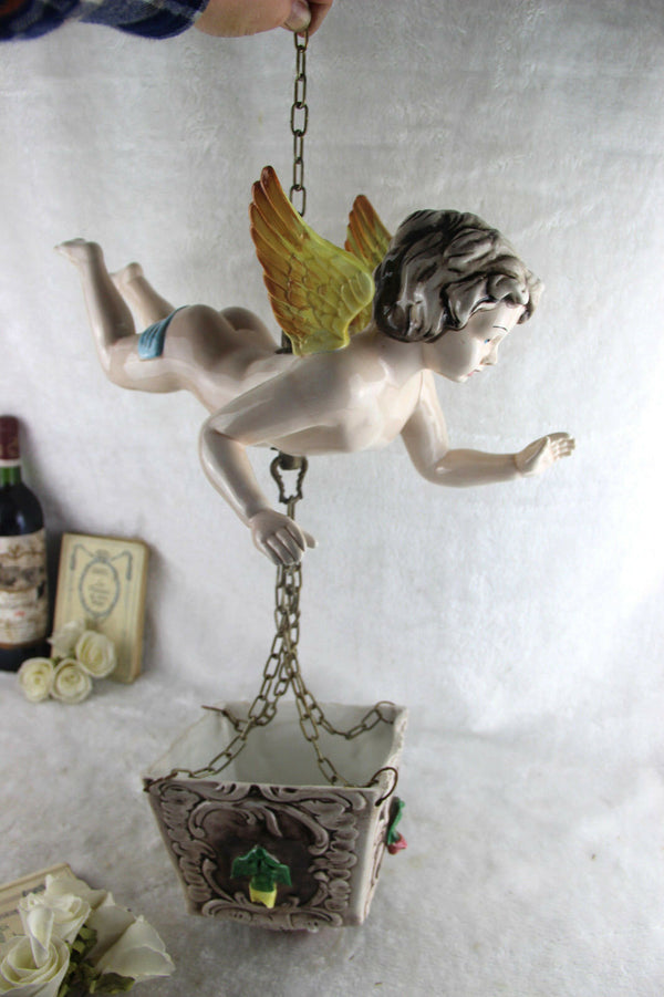 Rare Cute vintage faience Angel putti hang planter jardiniere 1960 Floral roses