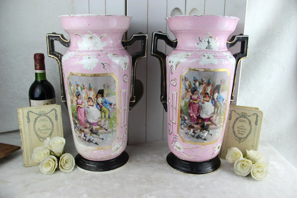 PAIR XL French antique faience Rose napoleon scene Vases 1920