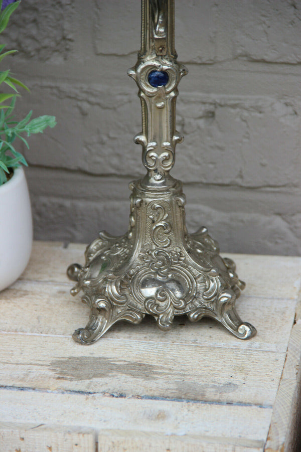 Antique French spelter silver patina Crucifix blue stones Cross religious