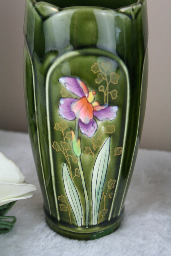 PAIR Art Nouveau vases polychrome floral decor iris fives lille pottery de bruyn