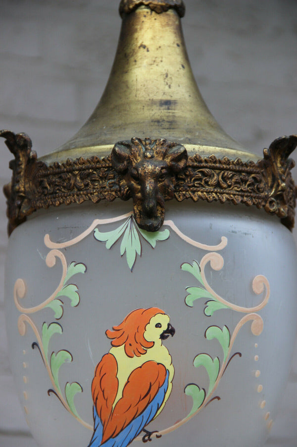 Rare antique Bronze French glass parrot chandelier lantern lamp ram heads