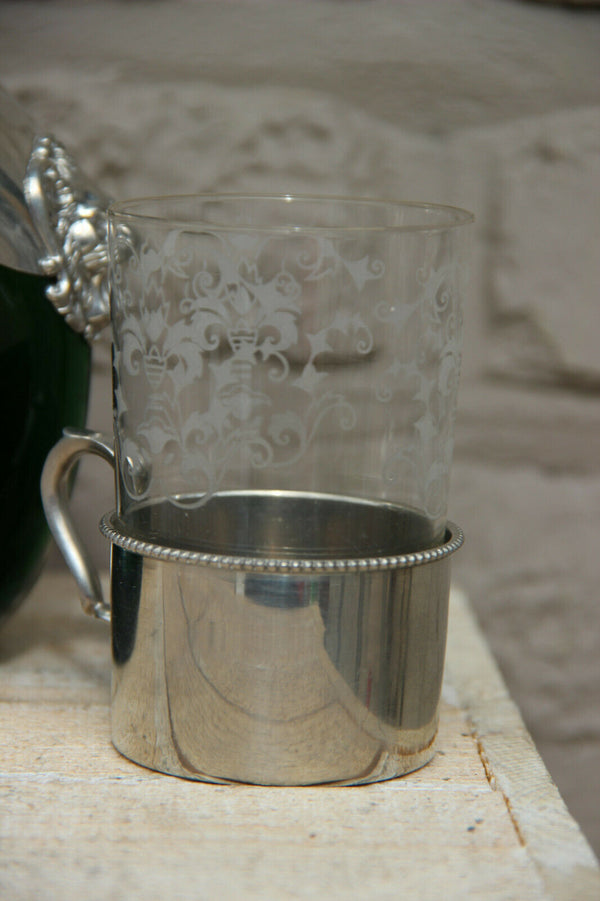 French pewter Etain de Paris marked Decanter carafe with 2 glasses lion heads