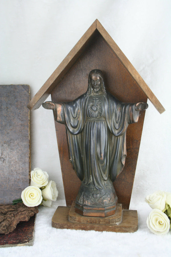 Antique Sacred heart christ spelter regule in a wood chapel religious 1935 franc