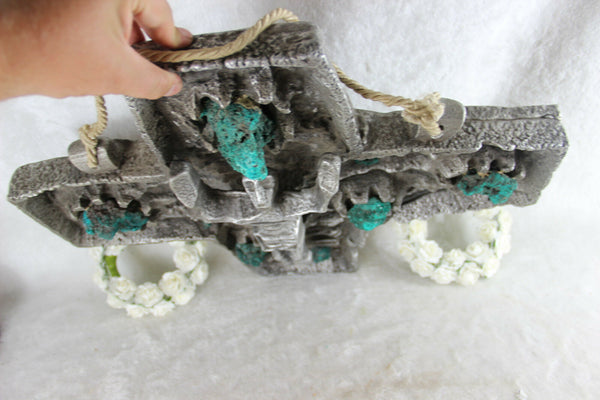 HUGE Rare BRUTALIST Stoneware malachite stones Crucifix cross religious christ