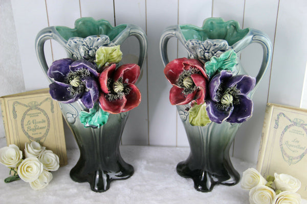 PAIR ART NOUVEAU Barbotine flower Vases 1900 French antique