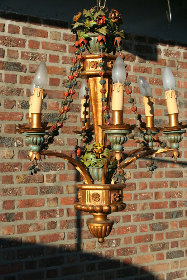 Unusual 1960 stunning Italian Wood / metal polychrome flowers chandelier