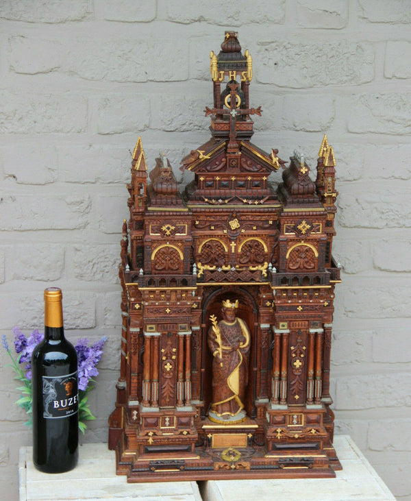 Rare Religious neo gothic oratory Black forest wood carved 1888  saint statue