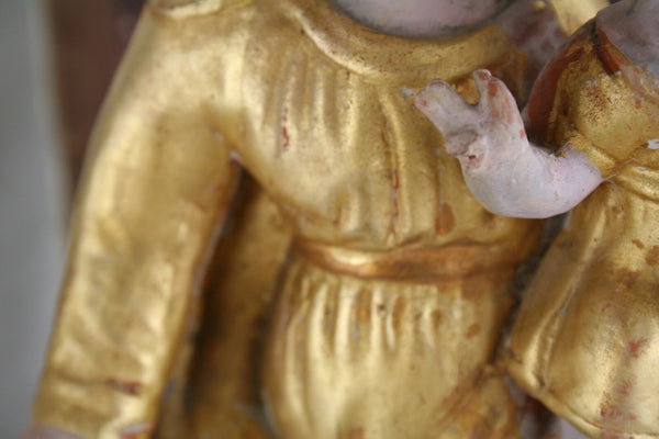 French rare polychrome 19thc Religious terracotta madonna statue glass dome