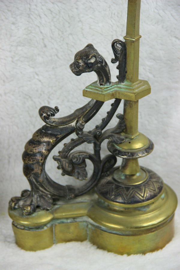 PAIR antique French bronze fireplace andirons Dragon gothic snake Figural