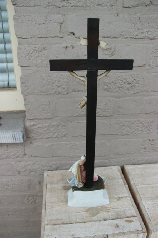 Antique 19thc french vieux paris porcelain Holy water font crucifix magdalena