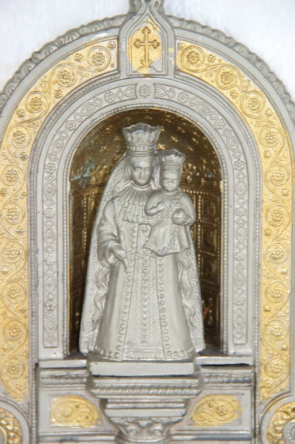 French 1950 Religious home altar church set madonna candle holders metal