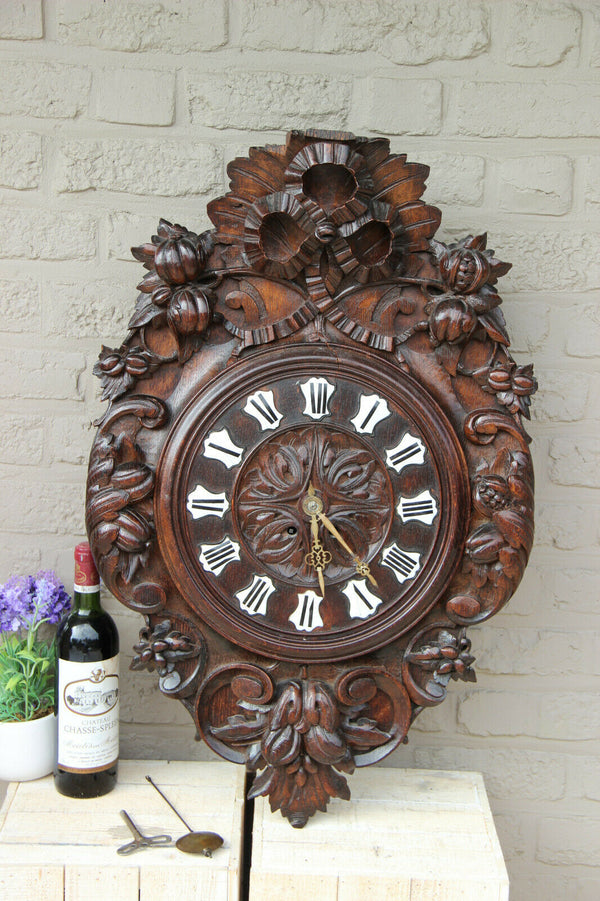 XL Top antique BLACK FOREST wood carved Wall clock Floral decor