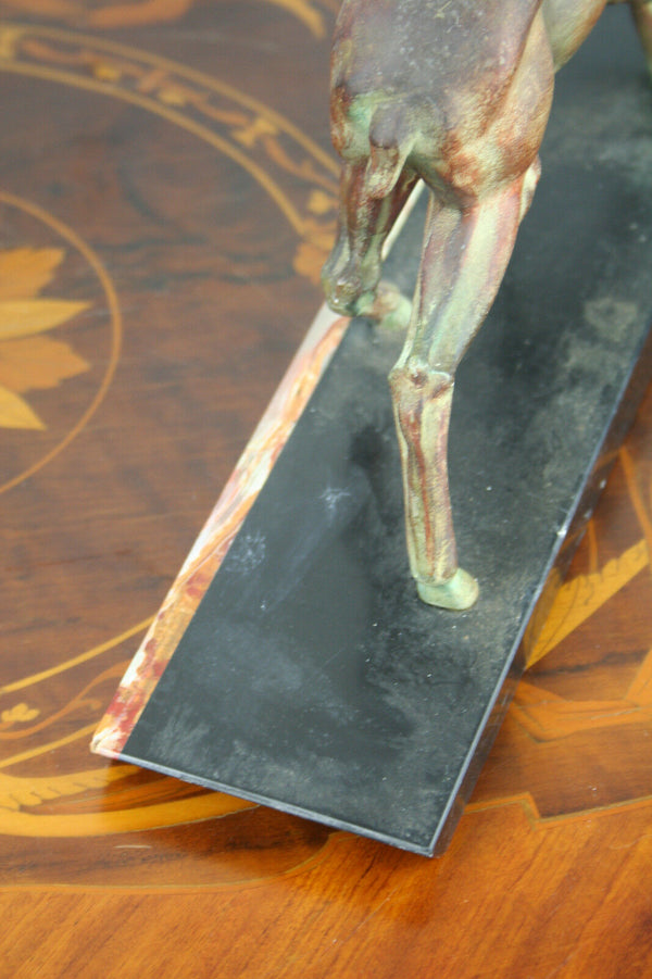 ART DECO French 1930 Deer hunt spelter bronze patina marble base