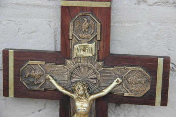 Antique french religious art deco period 1930  wood carved cruxifix 4 evangelist