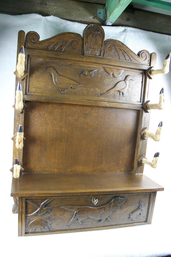 Antique hand wood carved Flemish Hunting gun rack animal black forest paws rare
