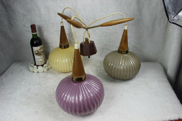 Mid century Rare multi colour Teak wood globes chandelier pendant louis kalff