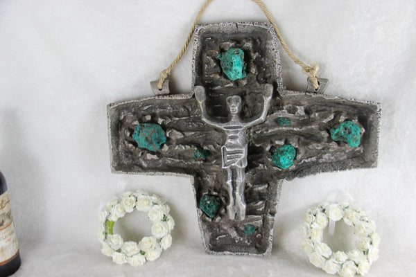 HUGE Rare BRUTALIST Stoneware malachite stones Crucifix cross religious christ