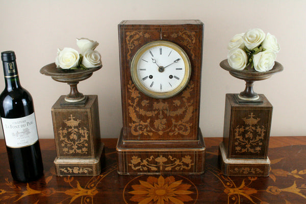 Gorgeous Antique 19th c French Marquetry inlaid Charles X wood clock set urns