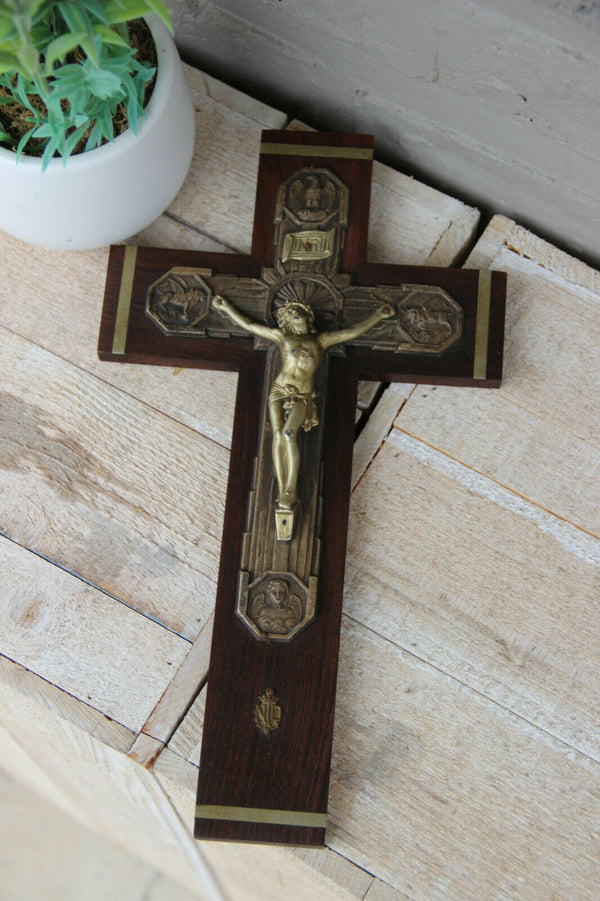 Antique french religious art deco period 1930  wood carved cruxifix 4 evangelist