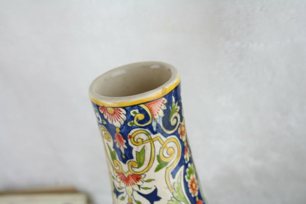 Antique French Rouen Flask 19thc marked floral Satyr devil heads faience