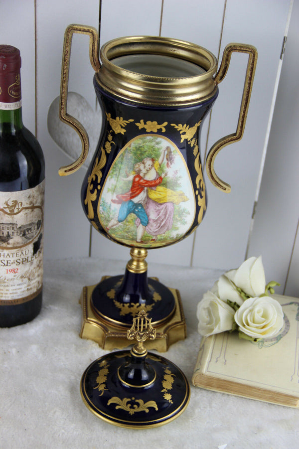 French Limoges cobalt blue porcelain marked Lidded Vase romantic victorian scene