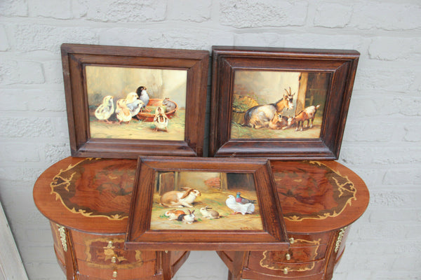 Set 3 Antique French oil panel animal farm chicken goat rabbit  painting signed