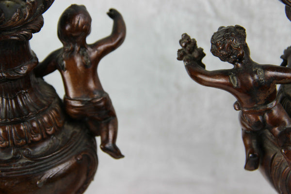 PAIR Spelter bronze marble Putti cherub urns vases french antique