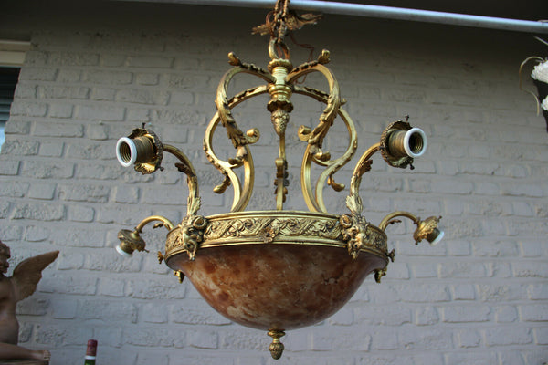 Antique French Amber alabaster marble Ram head Bronze chandelier 5 arms