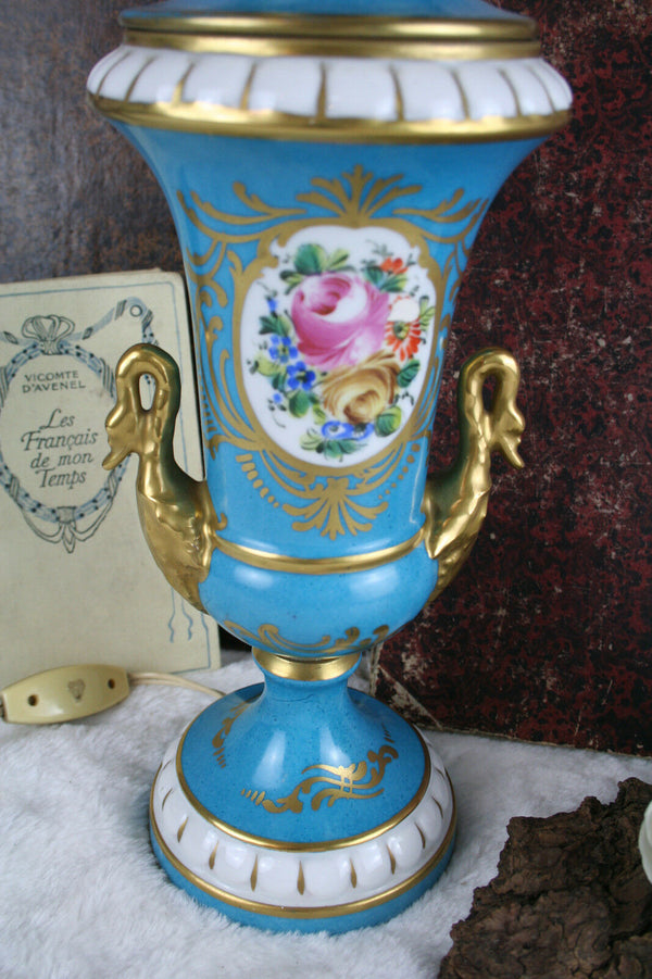 Antique french vieux paris porcelain Swan empire floral lamp marked