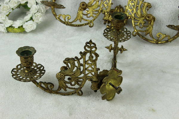 PAIR antique Gothic Dragon chimaera figurine piano sconces wall candle holders