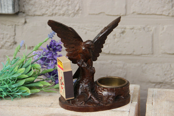 Antique German Black forest wood carved Ashtray matches holder set eagle bird
