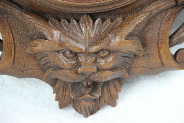 Antique Black Forest wood carved hunting satyr devil head deer fish bird clock