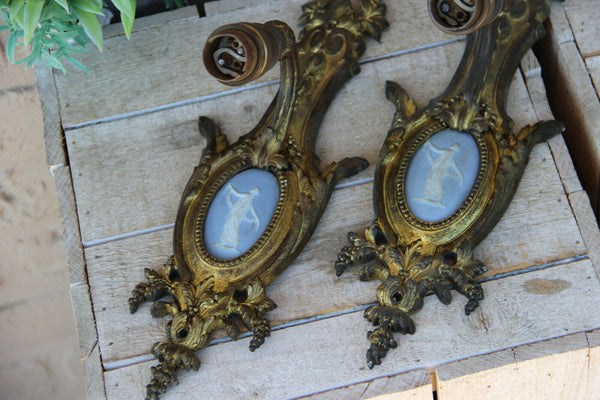 PAIR antique french bronze wegdwood porcelain plaque sconces wall lights