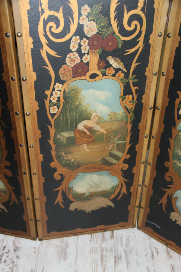 Antique XL French folk art 4 season putti animal Childs hand paint Room screen