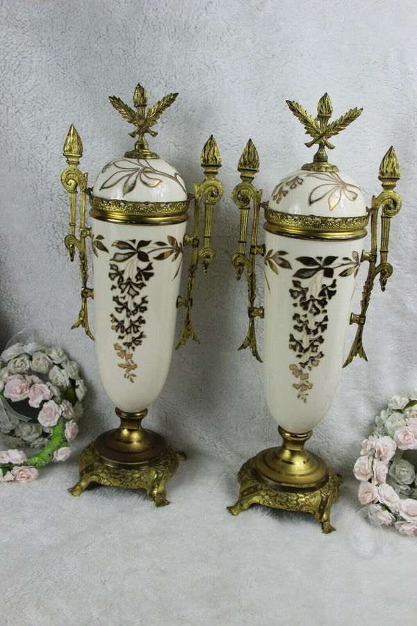 PAIR XL french antique art nouveau faience Vases urns