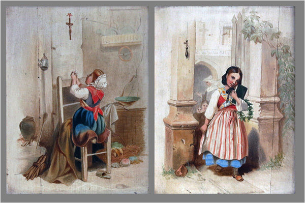 PAIR Gorgeous French Master unsigned Oil panel girls school  nun 1940
