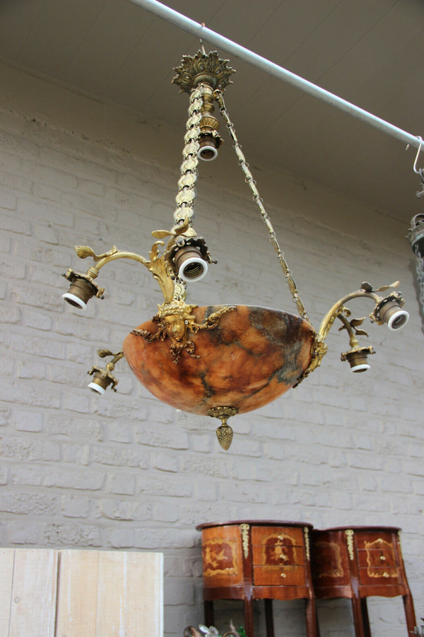 Gorgeous French amber alabaster bowl coupe caryatid heads chandelier lamp