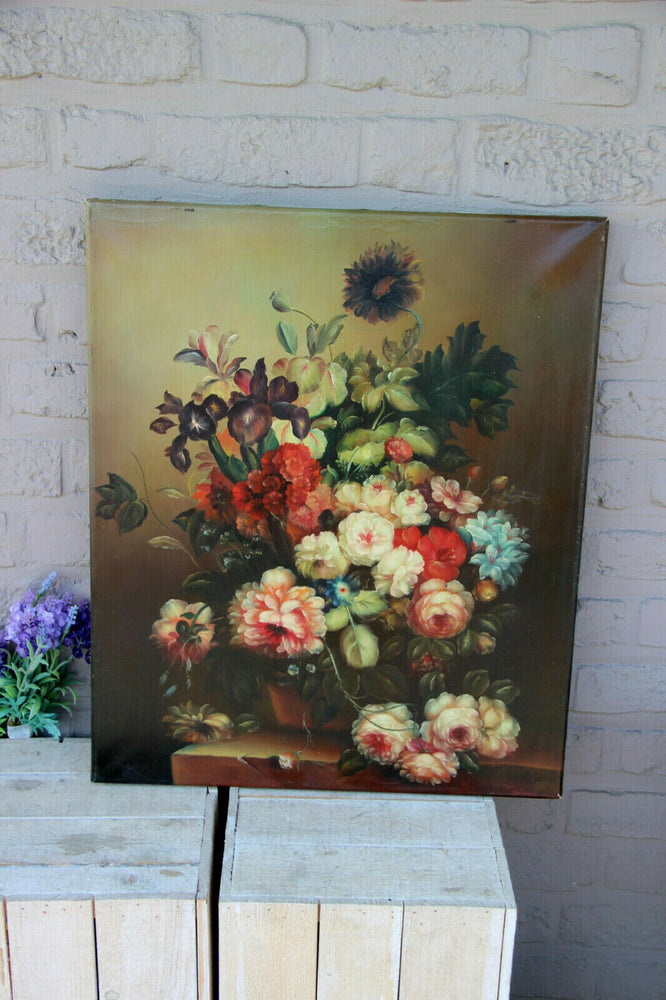 Flemish school vintage oil canvas painting floral flowers bouquet
