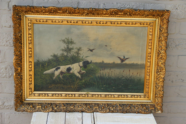 Antique French 1912 Oil Canvas painting hunting dogs field signed