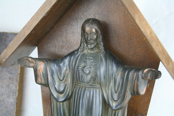 Antique Sacred heart christ spelter regule in a wood chapel religious 1935 franc