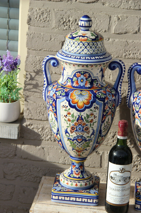 Huge majestical Hand paint ROUEN French Faience porcelain Vases marked