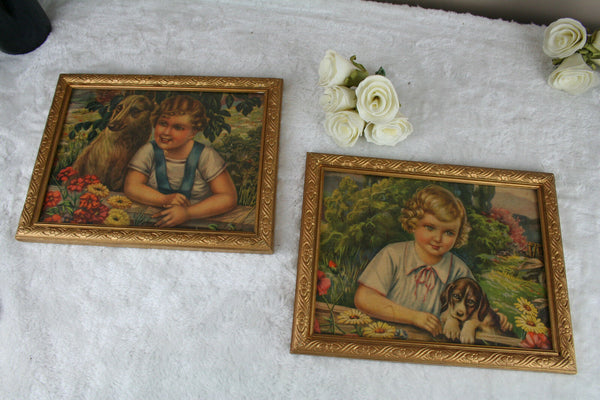 PAIR 1900 Antique VICTORIAN Chromo Print GIRL with dog framed