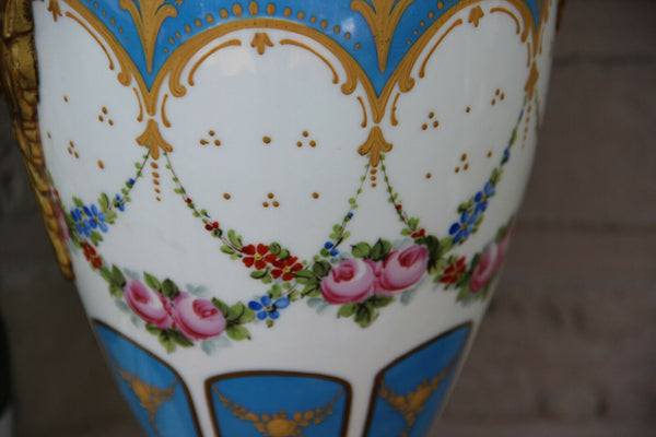 Antique french turquoise porcelain floral Vase bronze caryatid putti ornaments