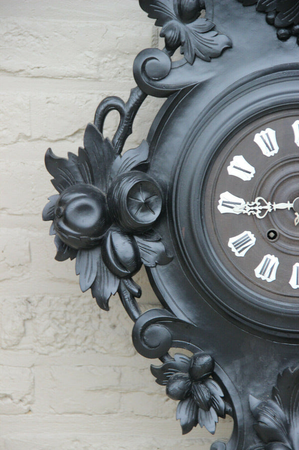 XXL Antique BLACK FOREST wood carved fruits pineapple wall clock black rare