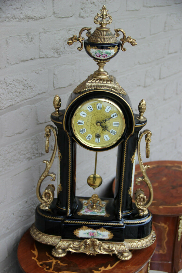 XL ACF sevres porcelain marked Mantel clock floral decor