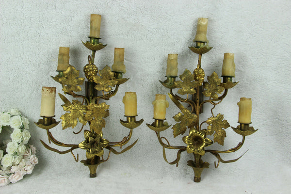 Antique Religious church french wall lights sconces brass metal flowers