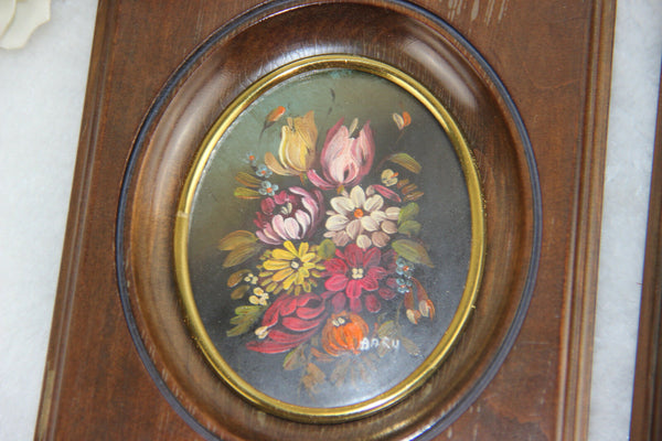 PAIR French Floral painting miniature portraits oval medaillon still live 1960'