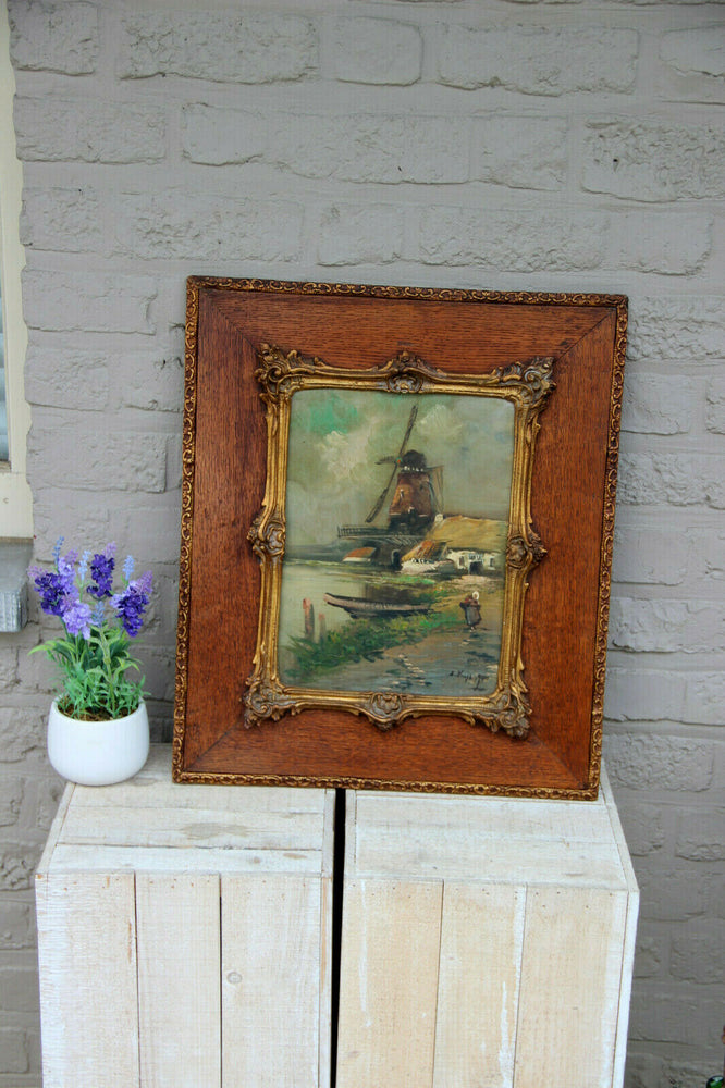 Gorgeous Antique Flemish oil panel painting Landscape mill waterfront signed