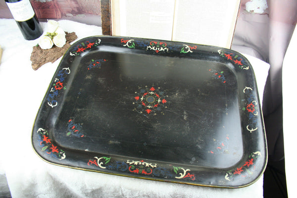 XXL French antique black Tole tin metal Tray floral 19th c